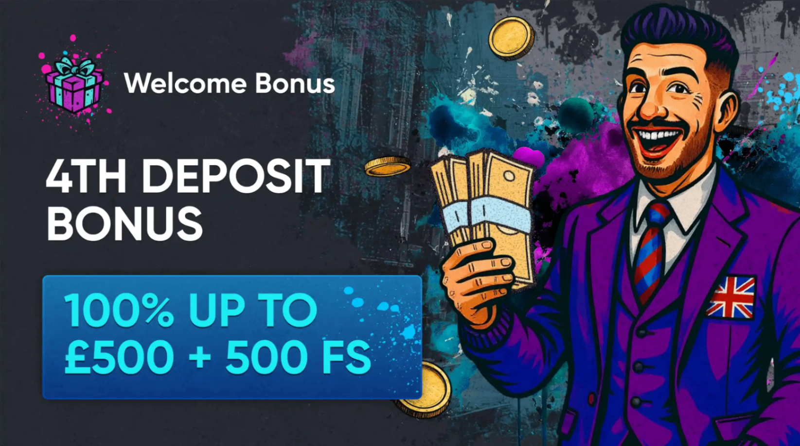 Britsino 4th deposit welcome bonus 100% up to £500 plus 500 free spins